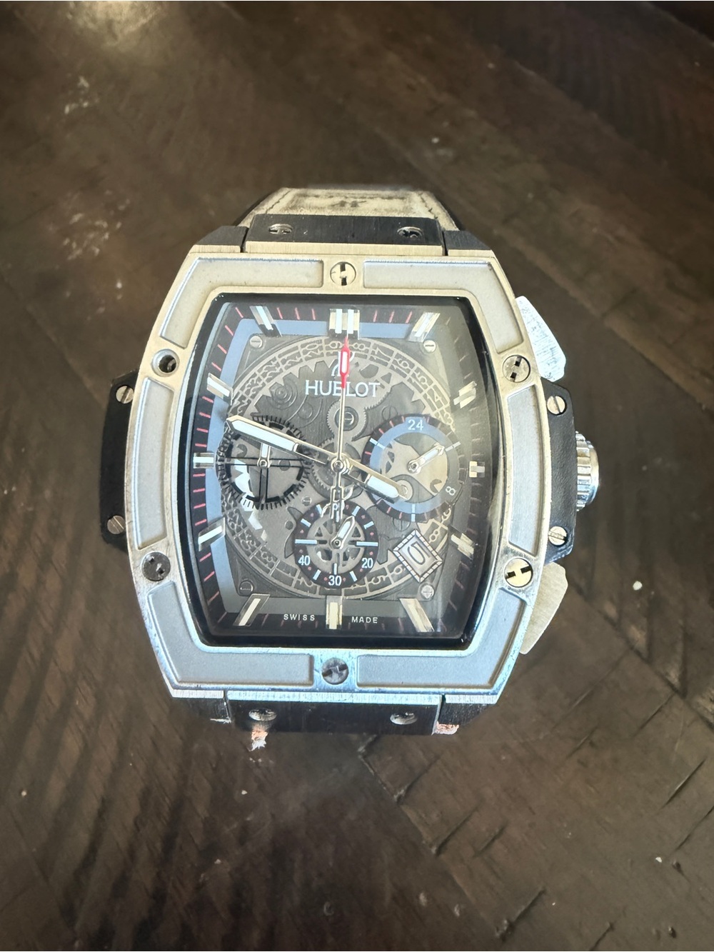 Hublot Silver and Black Skeleton Chronograph Watch
